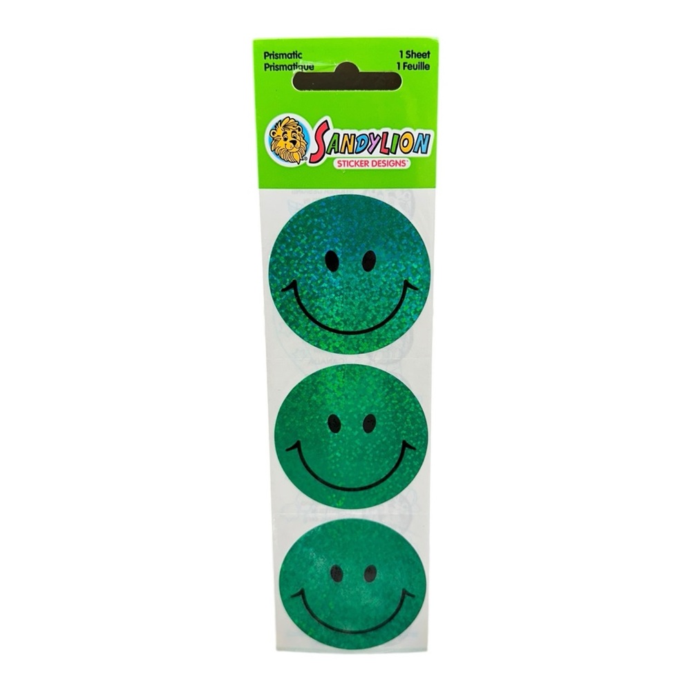 Vtg Sandylion Stickers Large Green Happy Smile Face Shiny Foil Smiley Sealed